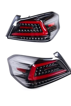 Spec-D Optic Style Sequential LED Tail Lights Gloss Black Housing w/ Clear Lens and Red Bar 2015-2021 WRX / 2015-2021 STI Viral