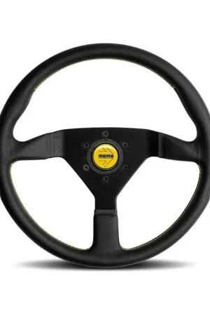 Direct From Factory Momo Montecarlo Steering Wheel 350mm - Black Leather/Yellow Stitch/Black Spokes