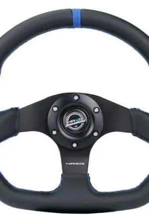 NRG Reinforced Steering Wheel (320mm) Sport Leather Flat Bottom w/ Blue Center/ Blue Stitching Budget