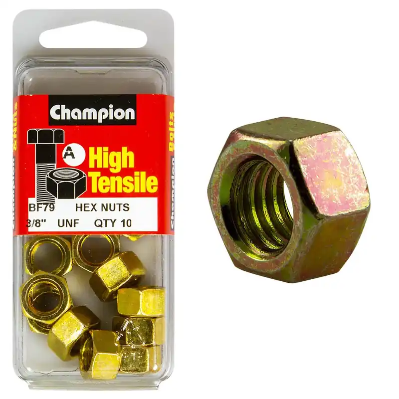Champion Pack of 10 3\\/8 UNF High Tensile Grade 5, Zinc Plated Plain Hex Nuts - BF79 Best Price