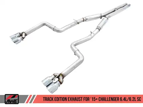 Buy Today AWE Track Edition 3" Cat-Back Exhaust for 2015-2023 Challenger SRT 6.4L / Hellcat 6.2L SC - Chrome Silver 4" Quad Tips - 3015-42136