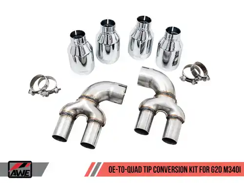 AWE Tuning 2019-2024 BMW M340i (G20) OE-Config-To-Quad Tip Conversion Kit - Chrome Silver Tip - 3810-42018 Next Day Delivery