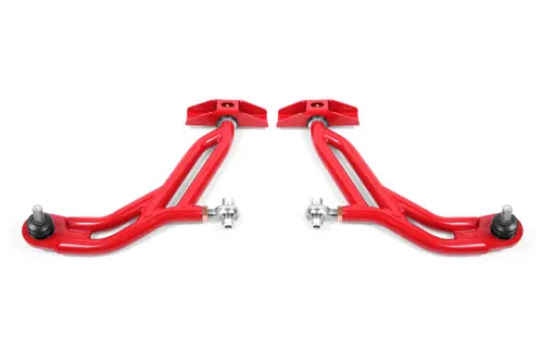 BMR 2010-2014 Ford Mustang Adj. Lower A-Arms w/ Delrin/Rod End / 18mm Tall Ball Joint - Red - AA751R Express Delivery